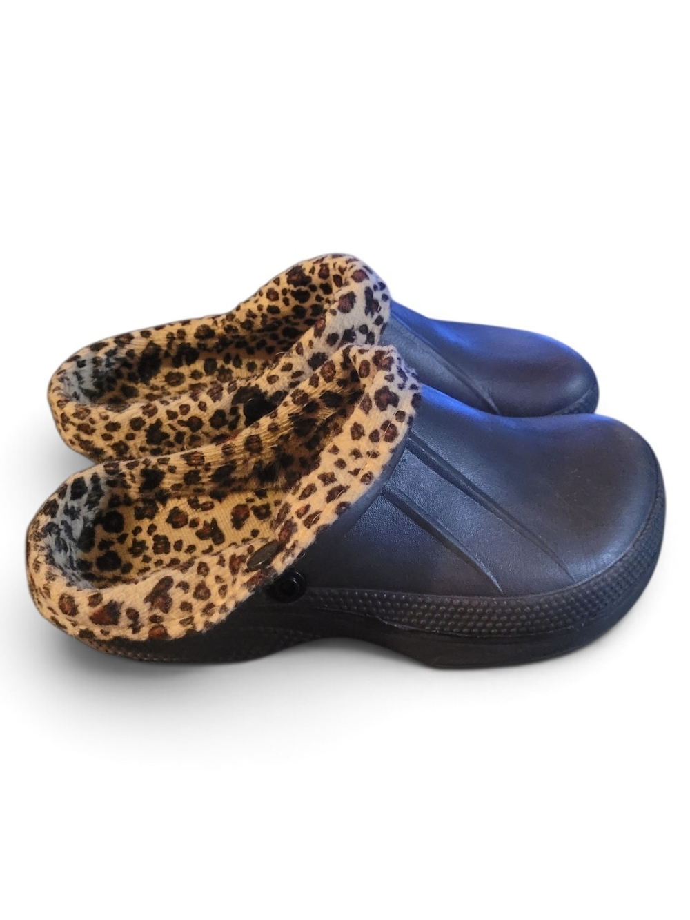 Black Slip-On Women's Clogs with Leopard-Print Trim